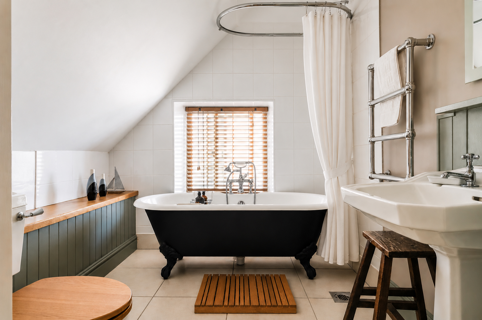 Roll-top bath with overhead shower in the family bathroom at Yew Tree Cottage Westow