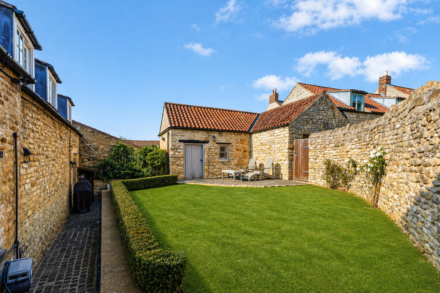 Private fully enclosed walled garden with lawn, patio and BBQ at Yew Tree Cottage Westow